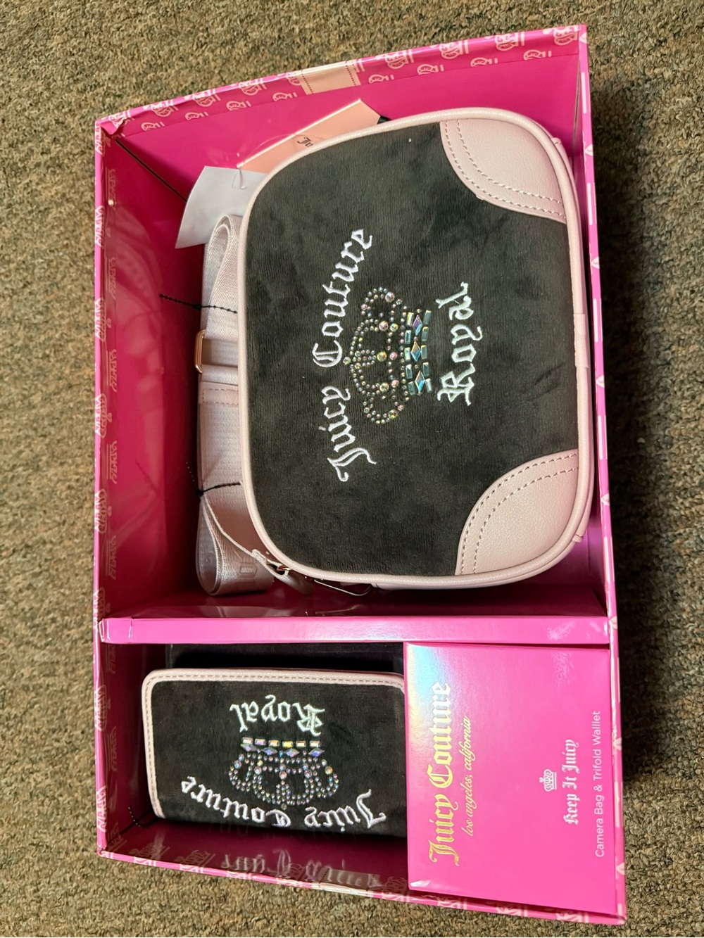 Juicy Couture Black and Pink Crossbody Shoulder Bag with Embellished Crown